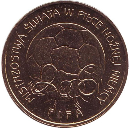 Монета 2 злотых, 2006 год, Польша. Чемпионат мира по футболу. Германия 2006.