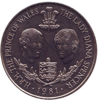 Свадьба Принца Чарльза и Леди Дианы. Монета 25 пенсов. 1981 год, Гернси.