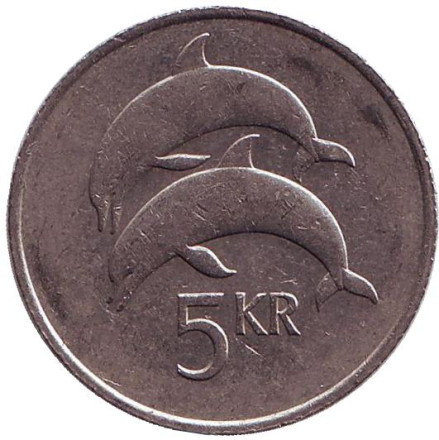 Монета 5 крон. 1987 год, Исландия. Дельфины.