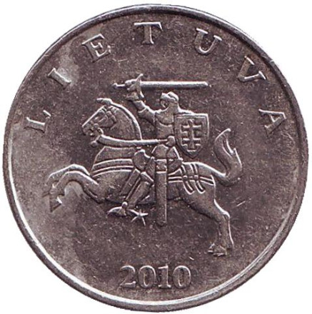 Монета 1 лит. 2010 год, Литва. Из обращения. Рыцарь.