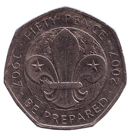 Монета 50 пенсов. 2007 год, Великобритания. 100 лет со дня основания Скаутского движения.