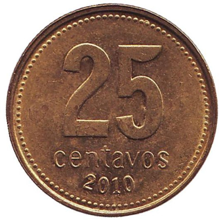 Монета 25 сентаво. 2010 год, Аргентина. (Тонкий шрифт) Ратуша Буэнос-Айреса.
