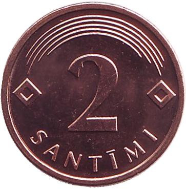 Монета 2 сантима. 2009 год, Латвия. UNC.