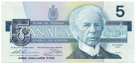 Банкнота 5 долларов. 1986 год, Канада. Уилфрид Лорье.