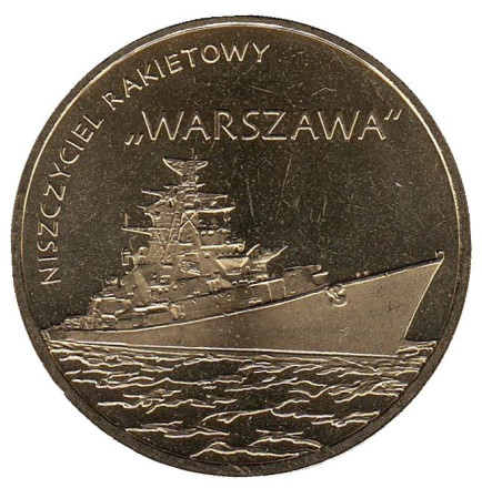 Монета 2 злотых, 2013 год, Польша. Ракетный эсминец "Варшава".