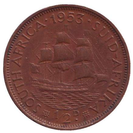 Монета 1 пенни. 1953 год, Южная Африка. Корабль "Дромедарис".