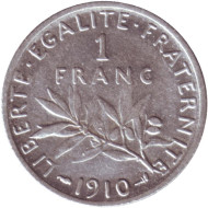 Монета 1 франк. 1910 год, Франция. Монета 1 франк. 1910 год, Франция.
