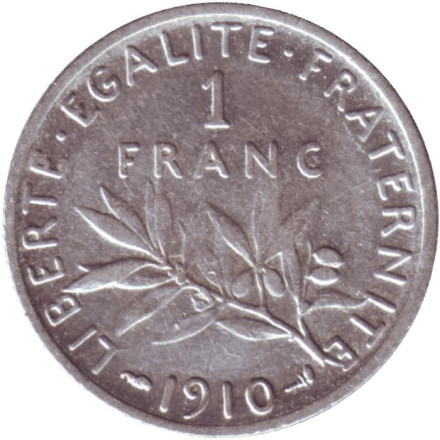Монета 1 франк. 1910 год, Франция.
