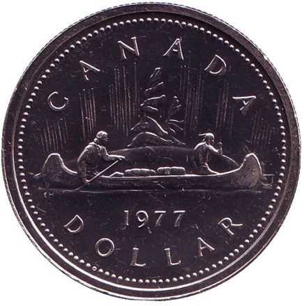 Монета 1 доллар. 1977 год, Канада. UNC. Индейцы в каноэ.