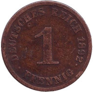 Монета 1 пфенниг. 1892 год (J), Германская империя. Монета 1 пфенниг. 1892 год (J), Германская империя.