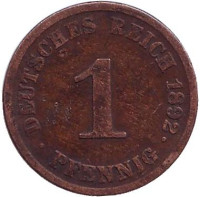 Монета 1 пфенниг. 1892 год (J), Германская империя.