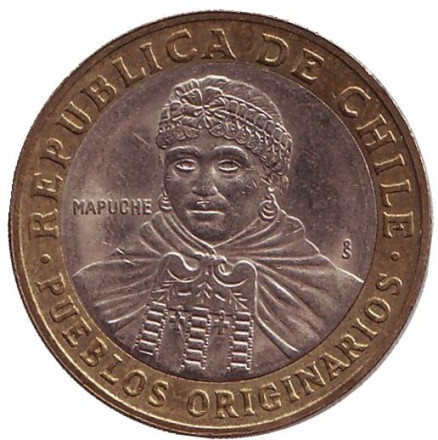 Монета 100 песо. 2003 год, Чили. Индеец Мапуче.