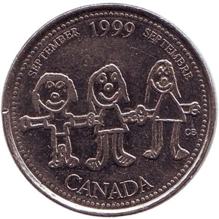 Монета 25 центов. 1999 год, Канада. Миллениум. Сентябрь 1999. Мир глазами детей.
