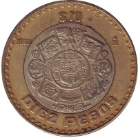Тонатиу. Ацтекский солнечный камень. Орел. Монета 10 песо. 2002 год, Мексика.