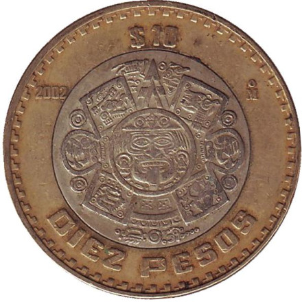 Монета 10 песо. 2002 год, Мексика. Тонатиу. Ацтекский солнечный камень. Орел.