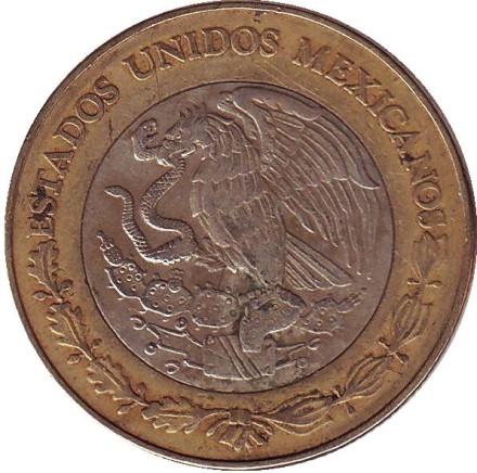 Монета 10 песо. 2002 год, Мексика. Тонатиу. Ацтекский солнечный камень. Орел. Монета 10 песо. 2002 год, Мексика. Тонатиу. Ацтекский солнечный камень. Орел.