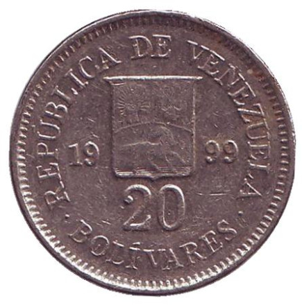 Монета 20 боливаров. 1999 год, Венесуэла.