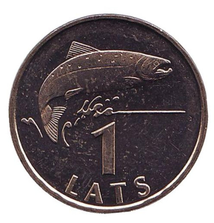 Монета 1 лат. 1992 год, Латвия. XF-aUNC. Рыба.