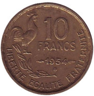 Монета 10 франков. 1954-В год, Франция.  Монета 10 франков. 1954-В год, Франция.