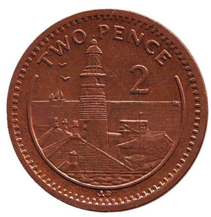 Монета 2 пенса. 2001 год, Гибралтар. (Отметка "AB") Маяк.