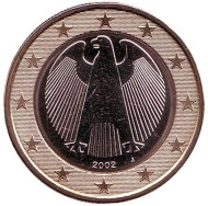 Монета 1 евро. 2002 год (J), Германия. Монета 1 евро. 2002 год (J), Германия.