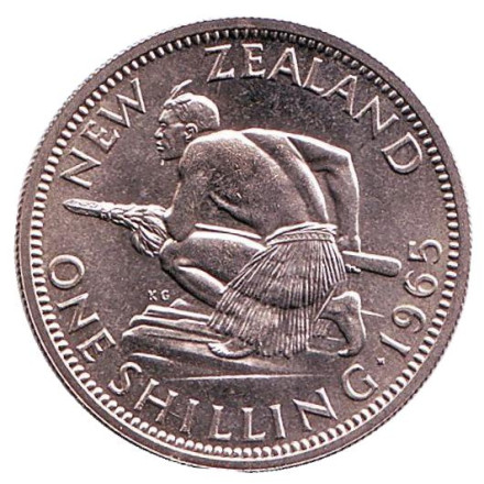 Монета 1 шиллинг. 1965 год, Новая Зеландия. UNC. Воин Маори.