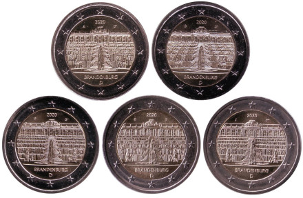Бранденбург. Набор из 5 монет разных монетных дворов. 2 евро. 2020 год, Германия.