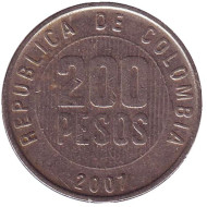 Монета 200 песо. 2007 год, Колумбия. Монета 200 песо. 2007 год, Колумбия.