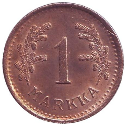 Монета 1 марка. 1950 год (медь), Финляндия. XF-aUNC.