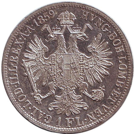 Монета 1 флорин. 1859 год ("A"), Австро-Венгреская империя. Франц Иосиф I.