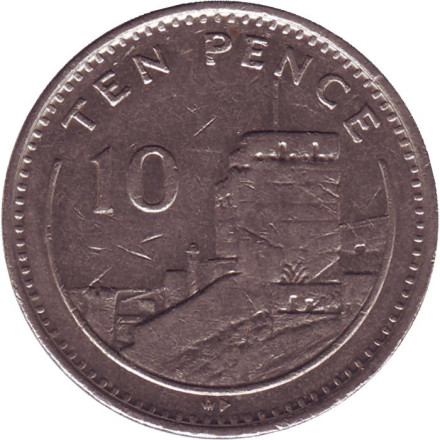  Мавританский замок. Монета 10 пенсов. 1990 год (AD), Гибралтар.