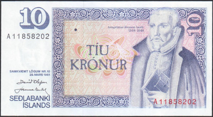 Банкнота 10 крон. 1981 (1961) год, Исландия. Тип 2. Арнгримюр Йоунссон.