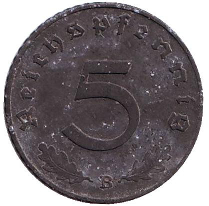 Монета 5 рейхспфеннигов. 1941 год (B), Третий Рейх (Германия).