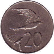 Монета 20 центов. 1987 год, Острова Кука. Австралийская крачка. Монета 20 центов. 1987 год, Острова Кука. Австралийская крачка.