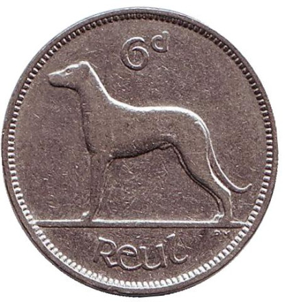 Монета 6 пенсов. 1940 год, Ирландия. Ирландский волкодав.