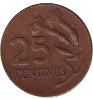 Монета 25 сентаво. 1968 год, Перу. Цветок. Монета 25 сентаво. 1968 год, Перу. Цветок.