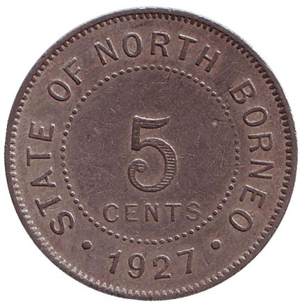 Монета 5 центов. 1927 год, Северное Борнео. (Британский протекторат).