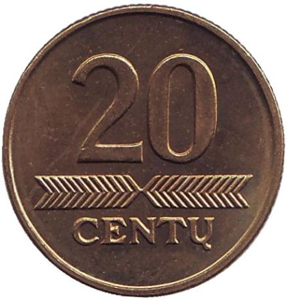 Монета 20 центов. 1997 год, Литва. UNC.