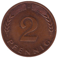 Дубовые листья. Монета 2 пфеннига. 1968 год (D), ФРГ. (бронза)