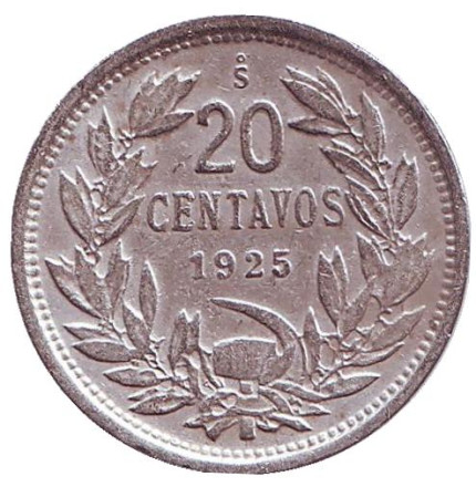 Монета 20 сентаво. 1925 год, Чили.