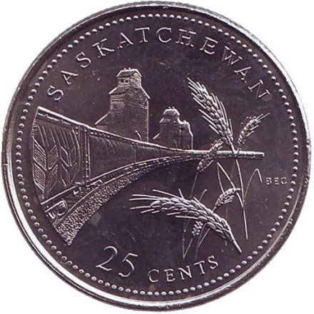 Монета 25 центов. 1992 год, Канада. Саскачеван. 125 лет Конфедерации Канады.