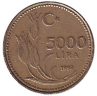 Монета 5000 лир. 1992 год, Турция. Монета 5000 лир. 1992 год, Турция.