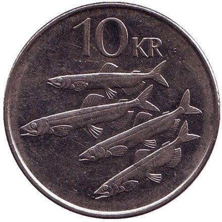 Монета 10 крон. 1996 год, Исландия. Рыбы.