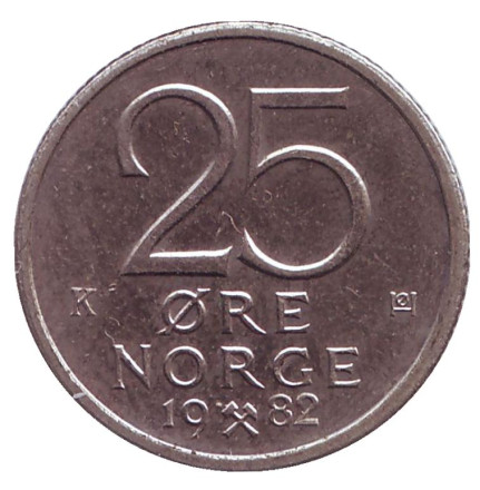 Монета 25 эре. 1982 год, Норвегия.