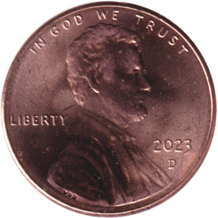 Монета 1 цент. 2023 год (D), США.