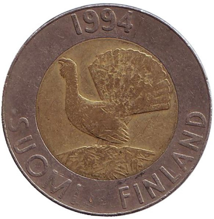 Монета 10 марок. 1994 год, Финляндия. Глухарь.