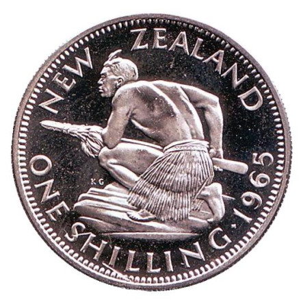 Монета 1 шиллинг. 1965 год, Новая Зеландия. Proof. Воин Маори.