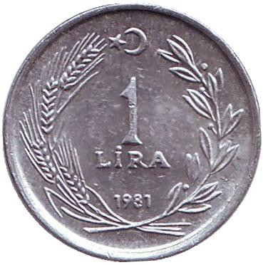 Монета 1 лира. 1981 год, Турция.