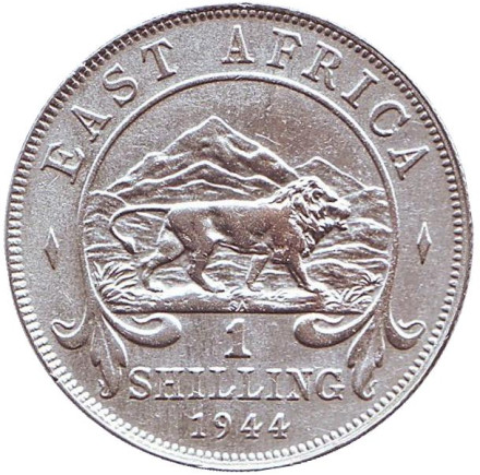 Монета 1 шиллинг. 1944 год, Британская Восточная Африка. (Отметка: "SA" - Претория) Лев.