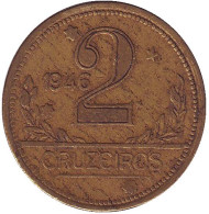 Монета 2 крузейро. 1946 год, Бразилия. Карта Бразилии. Монета 2 крузейро. 1946 год, Бразилия. Карта Бразилии.